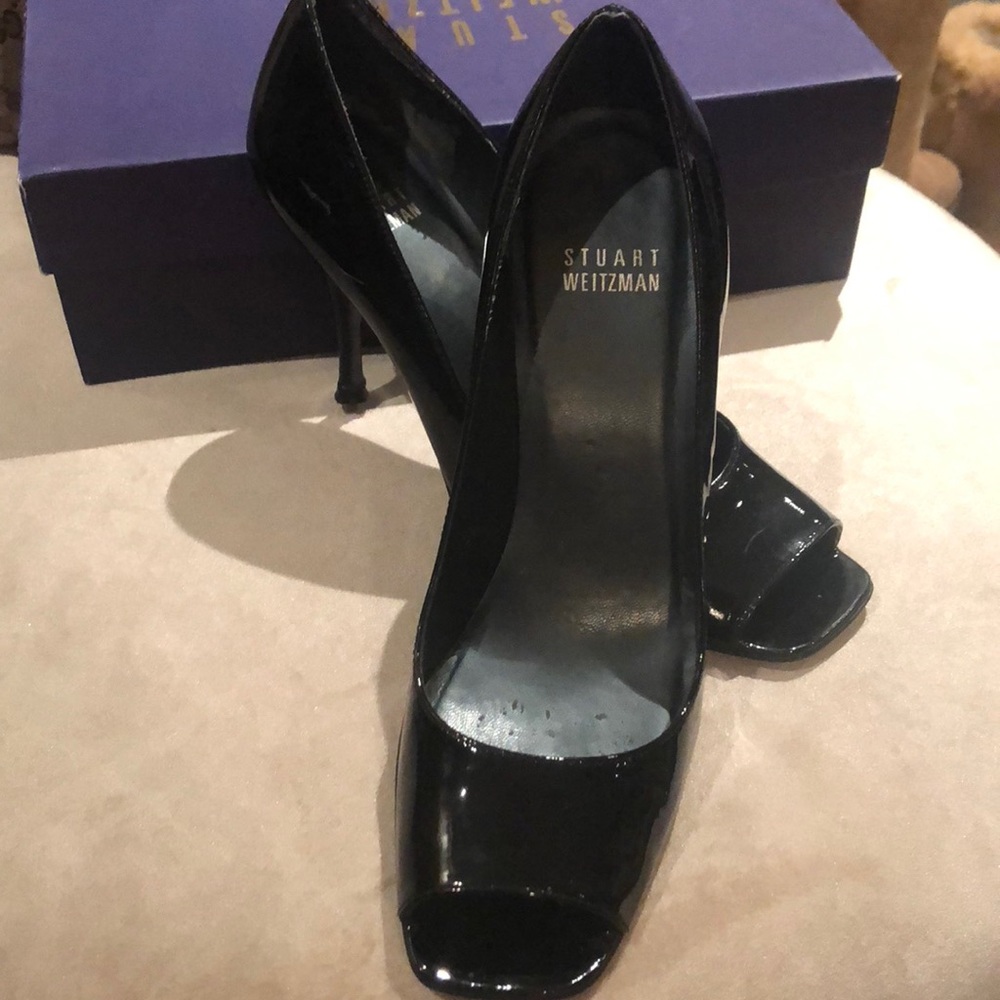 Stuart Weitzman Black Patent Leather Peep-Toe Heels